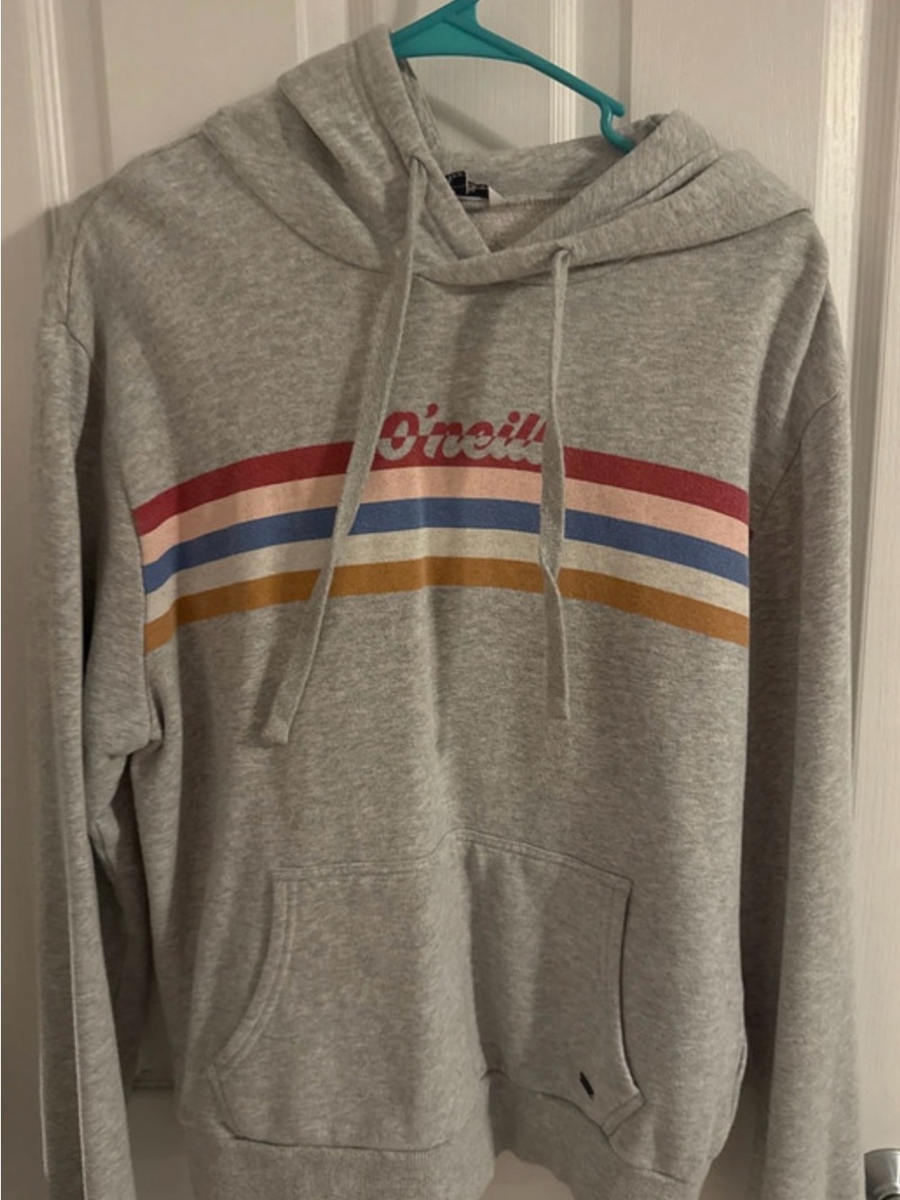 O'Neill Light Gray Hoodie with Red, Pink, Blue & Mustard Stripes